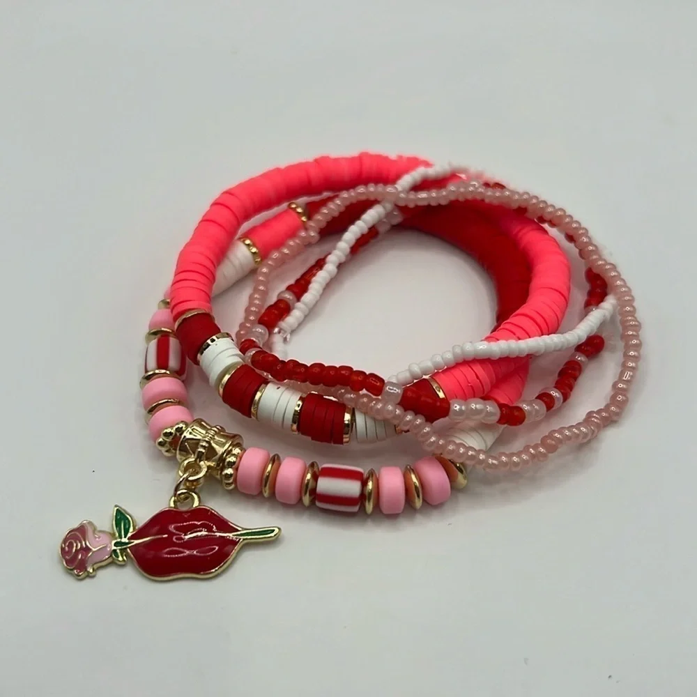 5PC Lips Charm Stretch Bracelet Stack